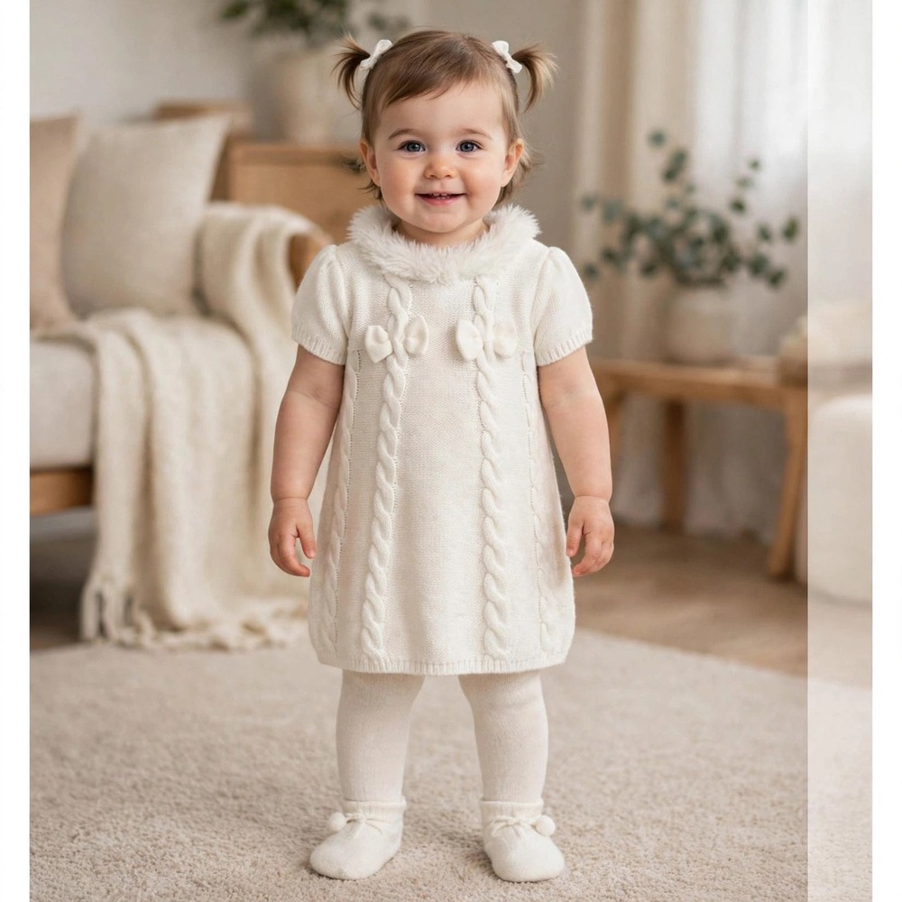 Gymboree Cream Cable Knit Faux Fur Collar Sweater Dress 18-24 Months